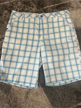 3 Puma Plaid Golf Shorts White/Blue Size 36, Blue Size 36 & Tan Size 38